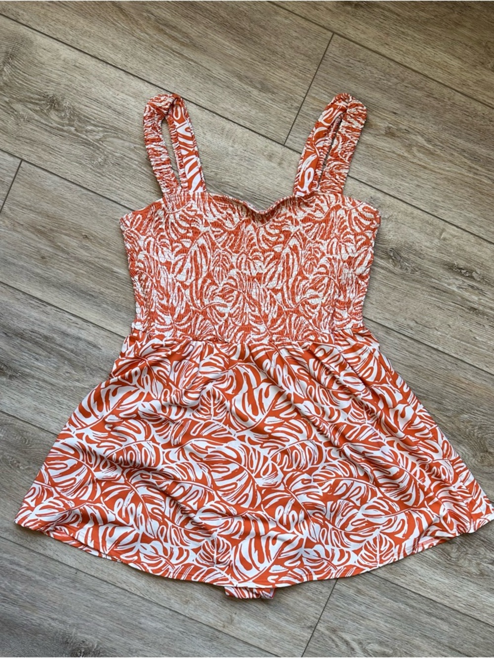 Lands End Smocked Swim Dress Swimsuit Orange Mini Tropic Leaves Size 14